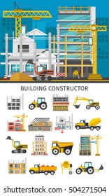 Construction decorative elements set with building site concept and icons of facilities and machinery isolated vector illustration   
