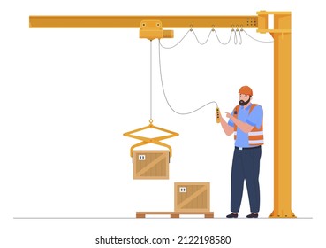 Construction delivery service truck crane lifting load male staff with remotely control device vector flat illustration. Industrial machinery equipment loading freight wood box parcel with heavy goods