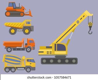 Construction delivery truck vector transportation vehicle construct and road trucking machine equipment large platform industrial truck illustration.