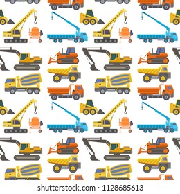 Construction delivery truck vector transportation vehicle construct and road trucking machine equipment large platform industrial truck seamless pattern background illustration.