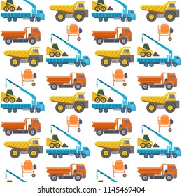 Construction delivery truck vector transportation vehicle construct and road trucking machine equipment large platform industrial truck seamless pattern background illustration.