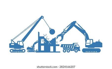 Construction demolition scene showcasing an excavator with a wrecking ball a grabber machine and a dump truck clearing debris on a site.