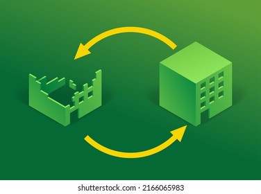 Construction and Demolition Waste and trash Recycling - destroying building construction turs to new one with recycle symbol - green eco-friendly banner