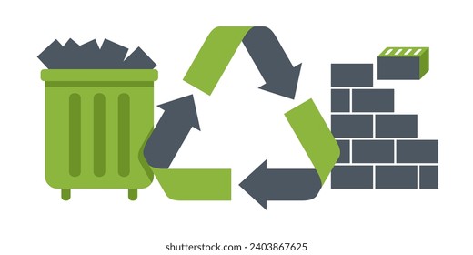 Construction and Demolition Waste and trash Recycling - illustration with recycle symbol, trash bin and brick wall - green eco-friendly banner