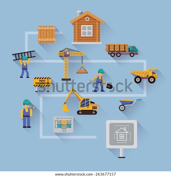Construction design concept with\
flat icons set of workers house plan warning sign vector\
illustration