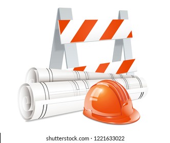 Construction design concept set of road barrier orange helmet and roll of engineering drawings realistic elements vector illustration