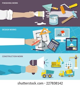 Construction design finishing work flat banner set with human hands isolated vector illustration