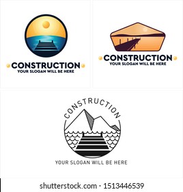 Construction design logo with bridge sea mountain sun circle blue yellow vector suitable for dock skid ship dock repair houseboat