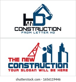 Construction design logo with wrecking ball crane,excavator letter HD building symbol vector combination suitable for destroys homes interiors exteriors company industrial