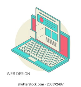 construction and design of sites, the concept of the assembly site or blog, flat isometrics, laptop with image overlay of the site and its assembly process of design of a site or personal page, vector