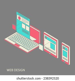 construction and design of sites, the concept of the assembly site or blog, flat isometrics, laptop with image overlay of the site and its assembly process of design of a site or personal page, vector