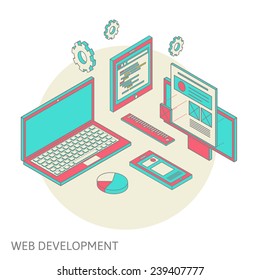 construction and design of sites, the concept of the assembly site or blog, flat isometrics, laptop with image overlay of the site and its assembly process of design of a site or personal page, vector