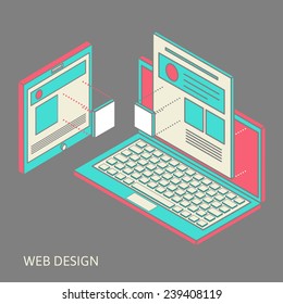 construction and design of sites, the concept of the assembly site or blog, flat isometrics, laptop with image overlay of the site and its assembly process of design of a site or personal page, vector