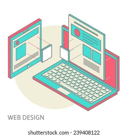 construction and design of sites, the concept of the assembly site or blog, flat isometrics, laptop with image overlay of the site and its assembly process of design of a site or personal page, vector
