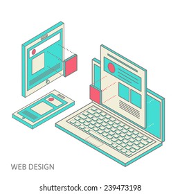 construction and design of sites, the concept of the assembly site or blog, flat isometrics, laptop with image overlay of the site and its assembly process of design of a site or personal page, vector