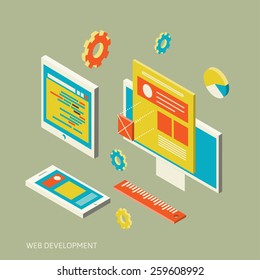 construction and design of sites, the concept of the assembly site or blog, flat isometrics, laptop with image overlay of the site and its assembly process of design of a site or personal page