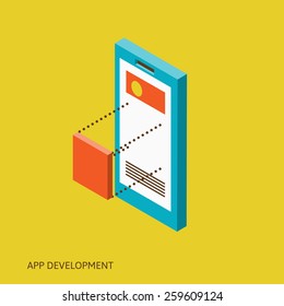 construction and design of sites, the concept of the assembly site or blog, flat isometrics, laptop with image overlay of the site and its assembly process of design of a site or personal page
