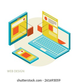 construction and design of sites, the concept of the assembly site or blog, flat isometrics, laptop with image overlay of the site and its assembly process of design of a site or personal page