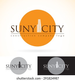 Construction development building company, vector logo design mock up template set. abstract concept skyscraper icon, sun silhouette logotype. Architecture town, city presented, dark and light colors.