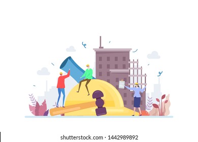 Construction Development Vector Illustration Concept Showing a group of architect on a construction site, Suitable for landing page, ui, web, App intro card, editorial, flyer, and banner.