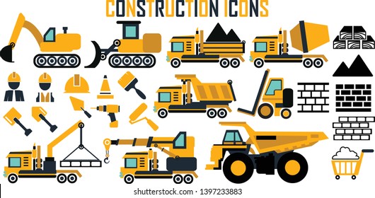 construction digger bulldozer mining heavy truck vector icons.