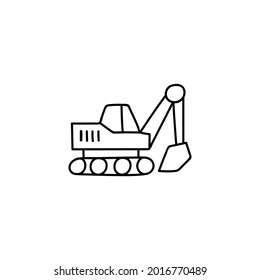Construction digger, excavator machinery icon in flat black line style, isolated on white background 