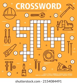 Construction, DIY and repair tools crossword grid worksheet. Find a word quiz game, kindergarten child logical game or puzzle, preschool kids educational riddle with outline vector repair hand tools