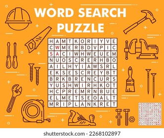 Construction, DIY and repair tools on word search puzzle game worksheet. Child quiz grid, logical riddle or puzzle with words finding activity. Kids educational game with builder, carpenter tools