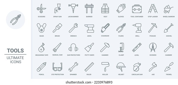 Construction diy tools and equipment for carpentry, building and repair work thin line icons set vector illustration. Abstract outline safety helmet and vest for worker, spanner and hammer, paint