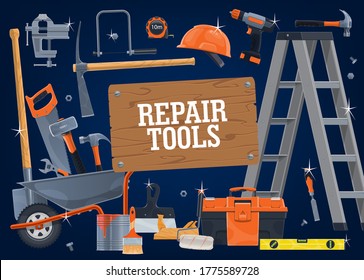 Construction DIY tools and equipment, repair, building and carpentry work vector hardware. Woodwork, plastering and masonry building tools, hammer, drill and ruler, screwdriver and painting brush