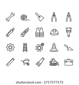 Construcción y herramientas de bricolaje conjunto de iconos. Ilustración de arte de línea de Vector de equipos de construcción, reparación y mantenimiento.