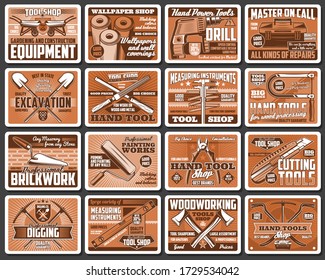 Construction and DIY tools retro vector posters. Hardware, carpentry and brickwork instruments vintage cards. Woodwork tools shop, house remodeling, building and repair equipment