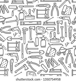 Construction DIY tools seamless pattern. Vector thin line tools icons background of handyman carpentry hammer, woodwork plane grinder or painting brush and drill with saw and wallpapers