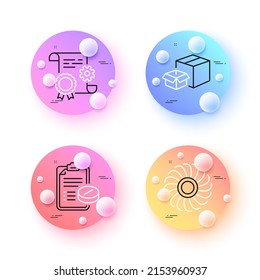Construction document, Fan engine and Medical prescription minimal line icons. 3d spheres or balls buttons. Packing boxes icons. For web, application, printing. Vector