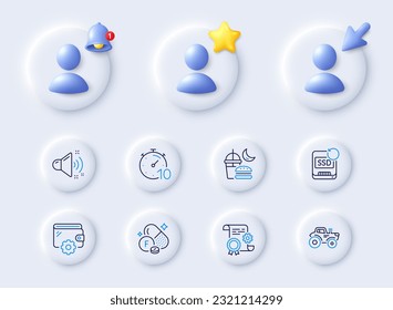 Construction document, Fluorine mineral and Night eat line icons. Placeholder with 3d cursor, bell, star. Pack of Timer, Recovery ssd, Loud sound icon. Tractor, Wallet pictogram. Vector