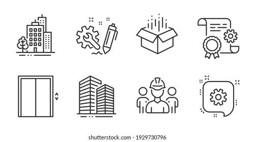 Construction document, Open box and Skyscraper buildings line icons set. Buildings, Engineering and Cogwheel signs. Engineering team, Lift symbols. Quality line icons. Vector