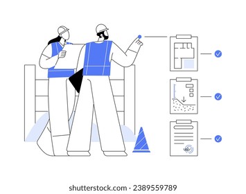 Construction documents abstract concept vector illustration. Architect meeting with contractor, checking construction documents and permissions, commercial building planning abstract metaphor.