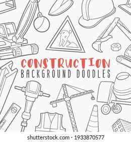 Construction Doodle Banner Icon. Work Vector Illustration Hand Drawn Art. Line Symbols Sketch Background.