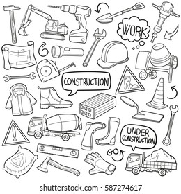 Construction Doodle Icon Vector Art. Work Tools Building Illustration. Sketch Design Clip Art.