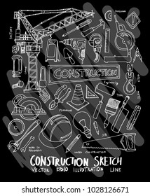 Construction doodle illustration wallpaper background line sketch style set on chalkboard