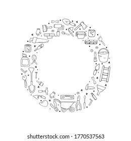 Construction. Doodle style. Vector isolated illustration with tool kits for repairing buildings, rooms, premises, houses, apartments. Business Building materials and tools  for repair. 