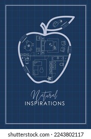 Construction drawing in apple silhouette, living room, bathroom, kitchen, bedroom with lettering natural inspiration drawing on blue background.