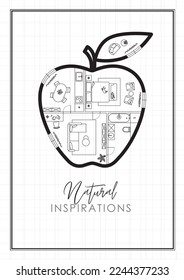 Construction drawing in apple silhouette, living room, bathroom, kitchen, bedroom with lettering natural inspiration drawing on white background.