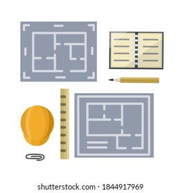 Construction drawing. Blue plan on paper. Blueprint of the house. Engineering work. Set of writing tools. Flat cartoon