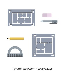 Dibujo de construcción. Plan azul en papel. Huella azul de la casa. Trabajo de ingeniería. Conjunto de herramientas de escritura. Dibujo plano