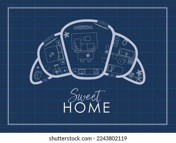 Construction drawing in croissant silhouette, living room, bathroom, kitchen, bedroom with lettering sweet home drawing on blue background.