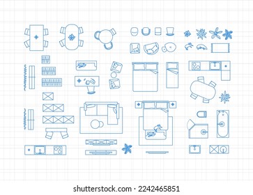 Construction drawing furniture icons for living room, bathroom, kitchen, bedroom drawing on light background.