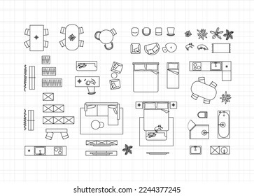 Construction drawing furniture icons for living room, bathroom, kitchen, bedroom drawing on white background.