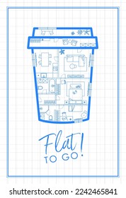 Plano de construcción para ir a una taza de silueta de café, sala de estar, baño, cocina, dormitorio con dibujo plano con letras sobre fondo claro.