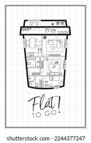 Construction drawing in to go cup of coffee silhouette, living room, bathroom, kitchen, bedroom with lettering flat drawing on white background.